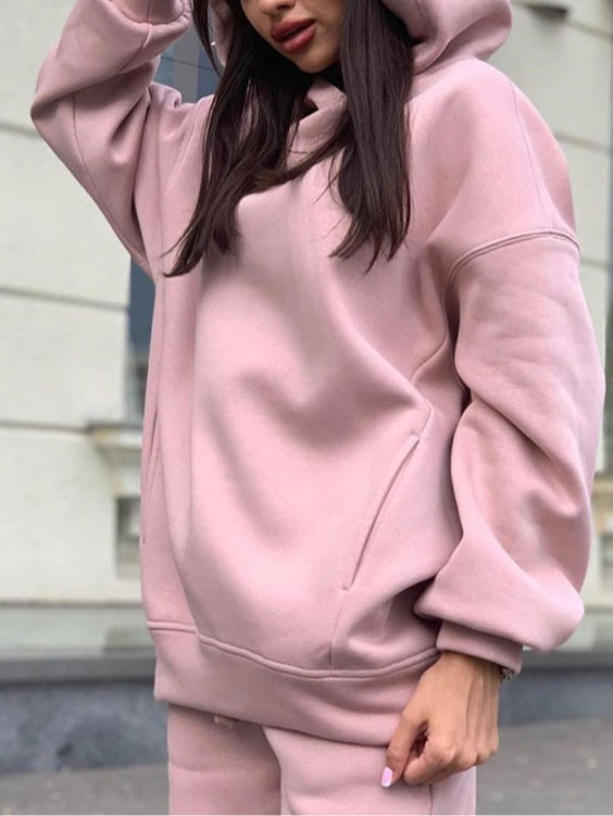 Trendy solid-color hoodie sweatshirt two-piece casual set