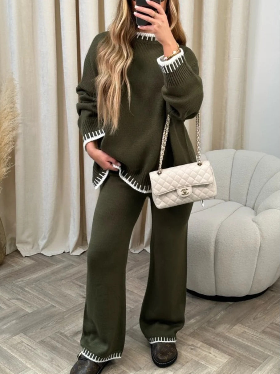 Casual Color-Block Knit Sweater Two-Piece Set — Loose-Fit, Solid Color