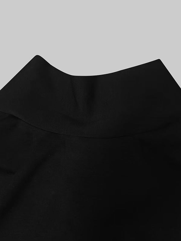 Puff Sleeve Mock-Neck Maxi Dress with Buttoned Split