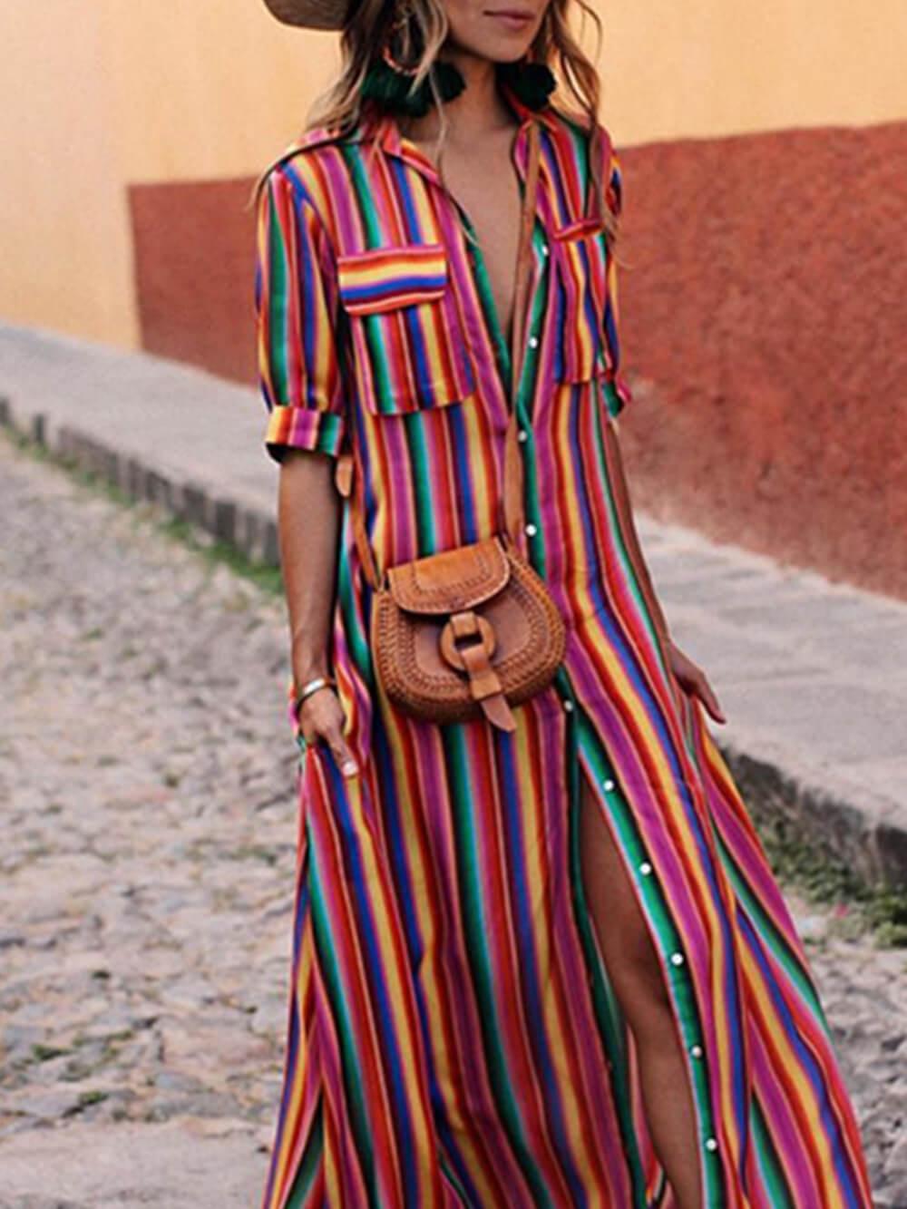 Casual striped shirt and long skirt with elegant print