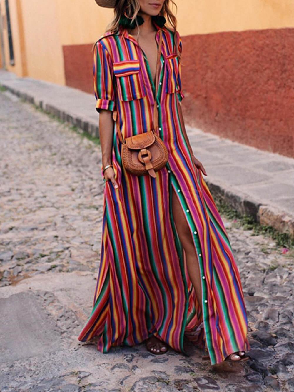 Casual striped shirt and long skirt with elegant print