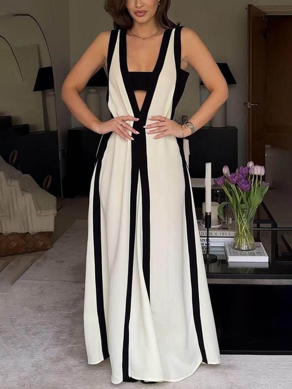 Elegant and Trendy Reversible Long Tunic Dress with Color Block Maxi Style
