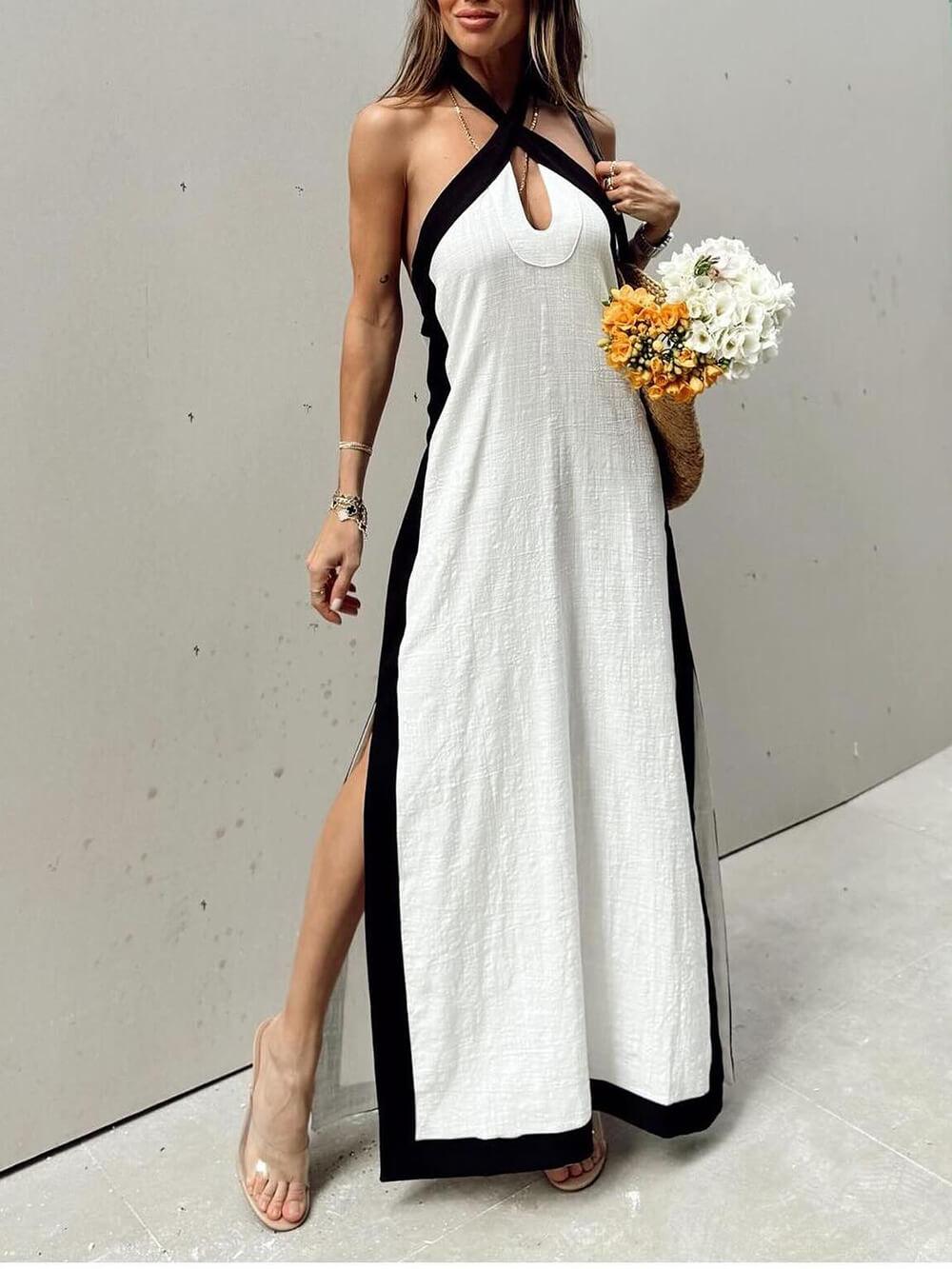 Maxi Flared Dress with Halter Neck and Color Block with Slit