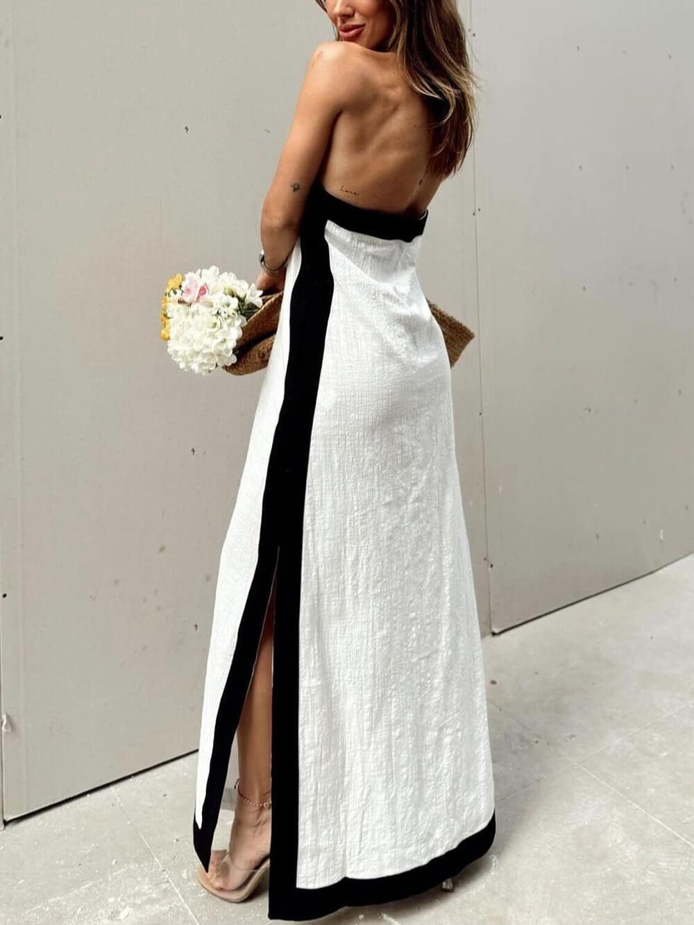 Maxi Flared Dress with Halter Neck and Color Block with Slit