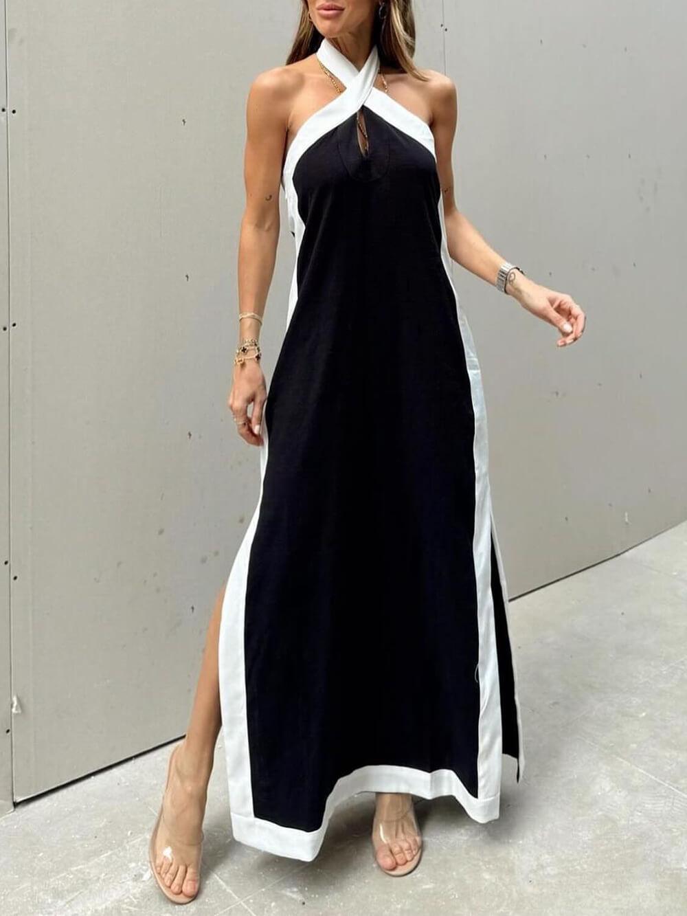 Maxi Flared Dress with Halter Neck and Color Block with Slit