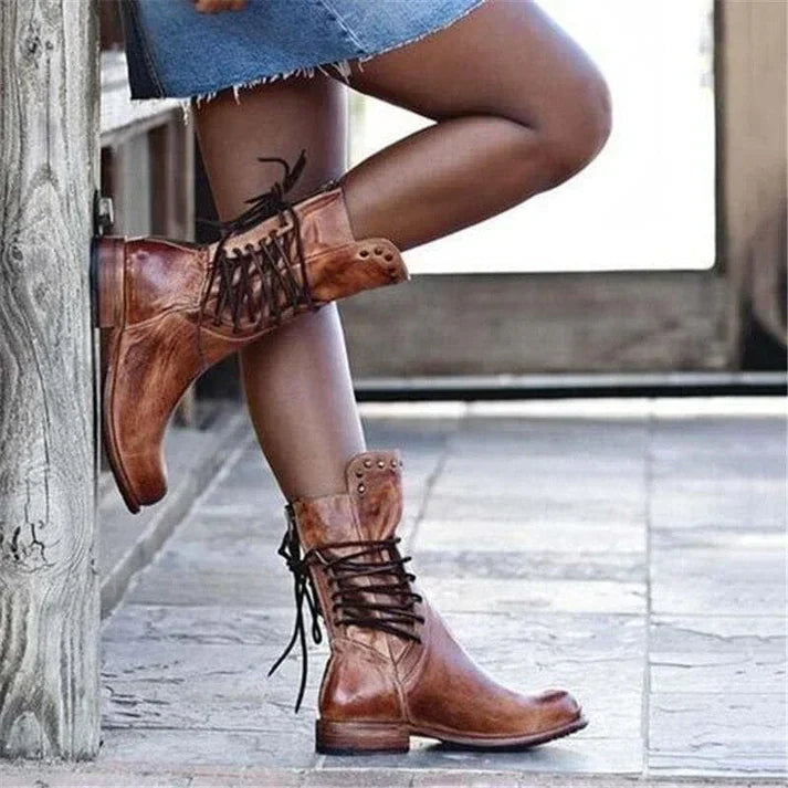 Teagan - Retro Lace-Up Wedge Shoes Mid-Calf