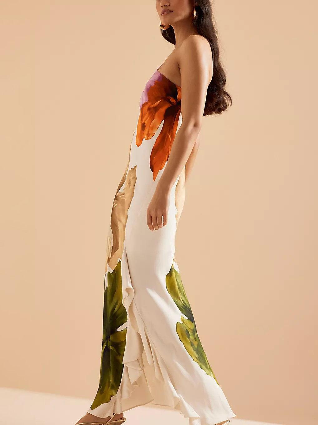 Elegant and Exquisite Maxi Dress with Floral Print and One Shoulder