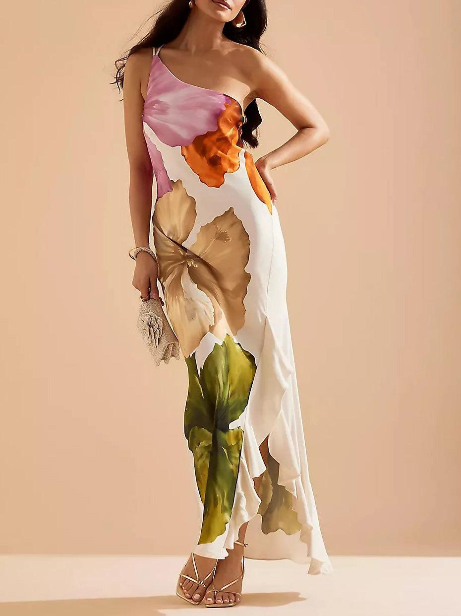 Elegant and Exquisite Maxi Dress with Floral Print and One Shoulder