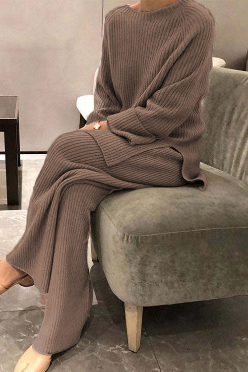 Cozy Solid-Color Knit Sweater Two-Piece Set, Long-Sleeve Casual Style