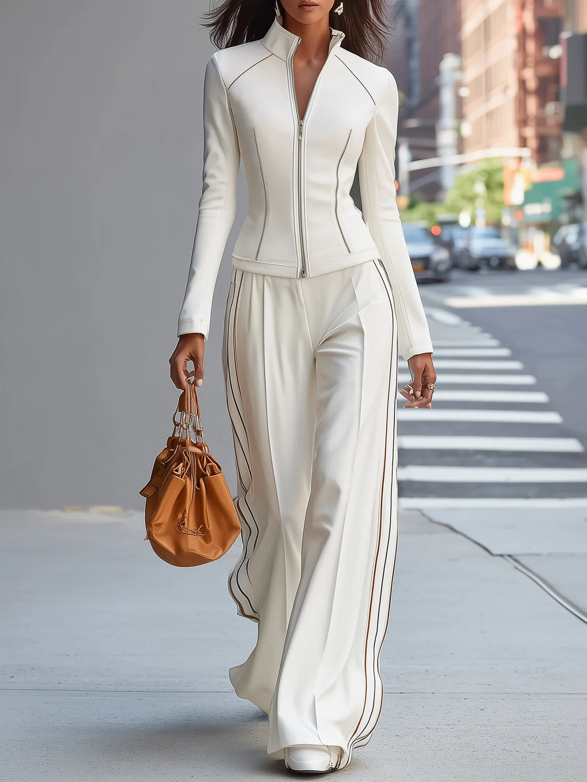 White Stand-Up Collar Zip-Up Top with Wide-Leg Pants Set