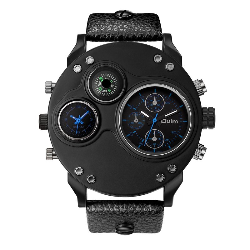 Black leather chronograph watch with dual time zones