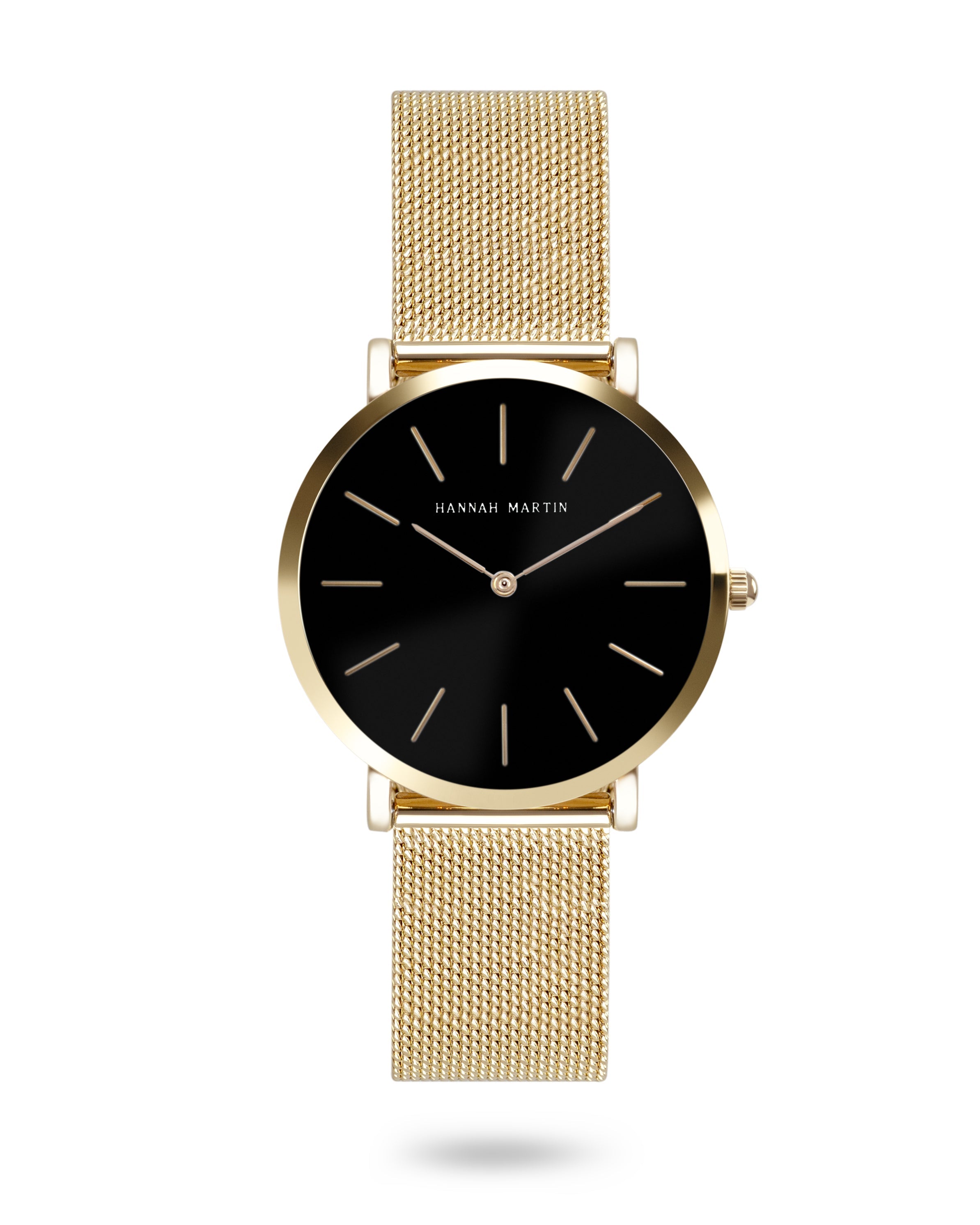 Black Luxe Elegant Gold-colored Round Watch with Black Dial and Mesh Band