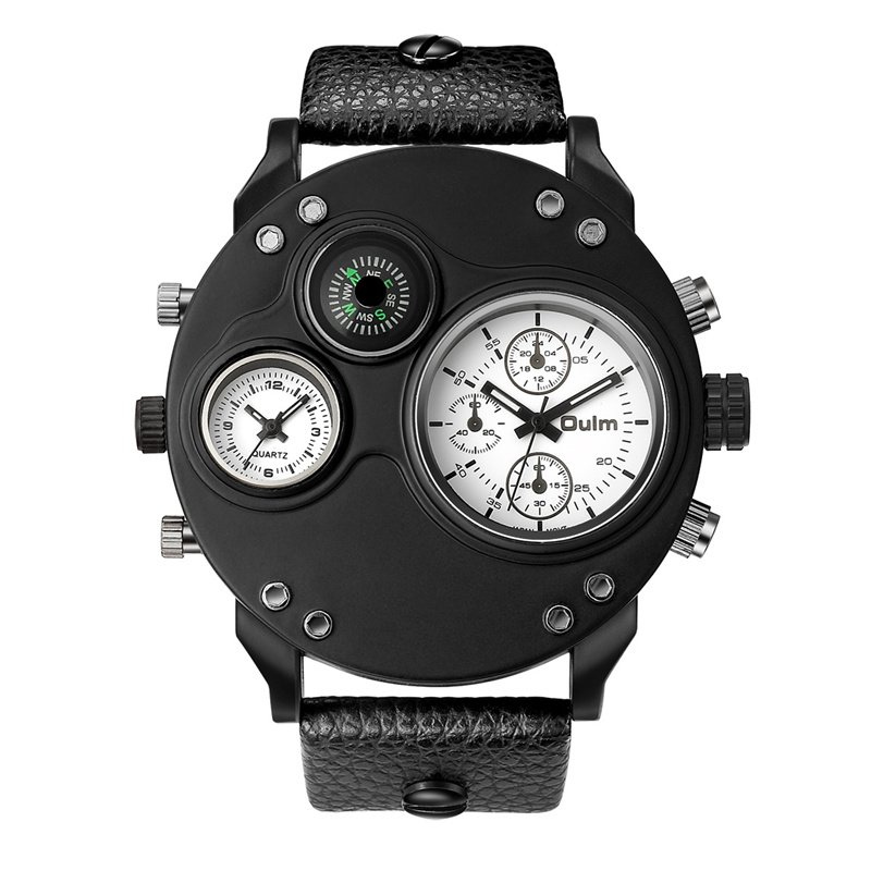 Black leather chronograph watch with dual time zones