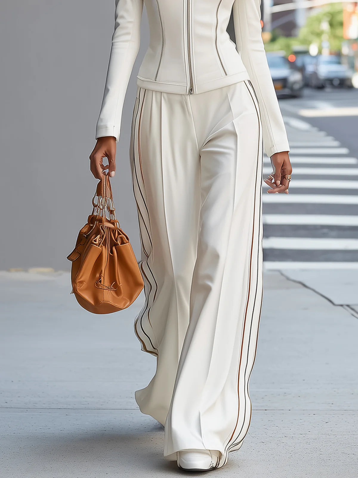 White Stand-Up Collar Zip-Up Top with Wide-Leg Pants Set