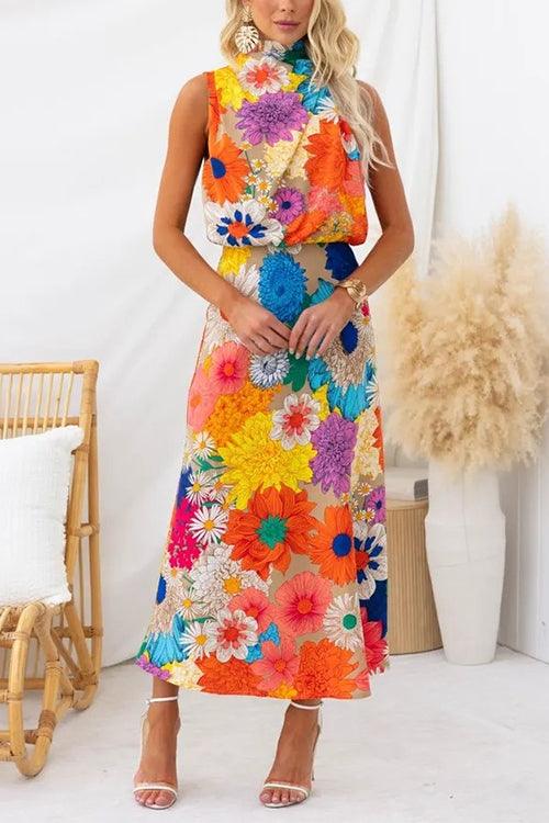 Sleeveless Maxi Dress with Tie Neck, Floral Pattern, and Cinched Waist