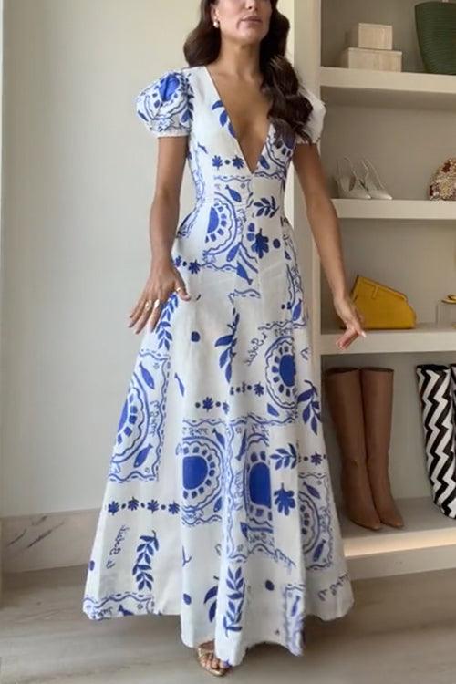 Long Flared Dress with Puff Sleeves and Deep V-Neck with Fancy Print