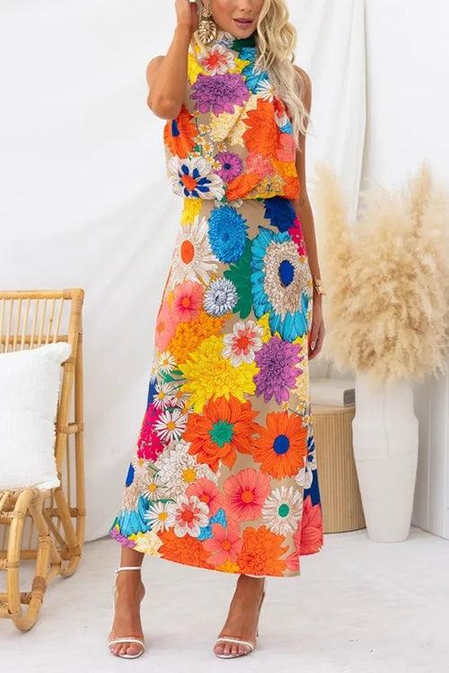 Sleeveless Maxi Dress with Tie Neck, Floral Pattern, and Cinched Waist