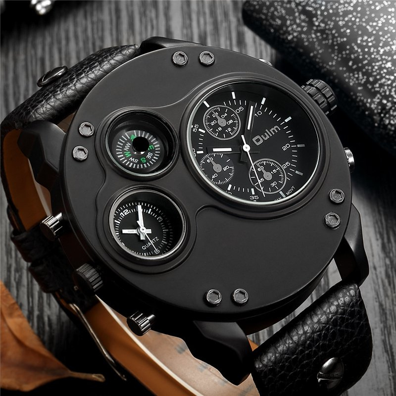 Black leather chronograph watch with dual time zones