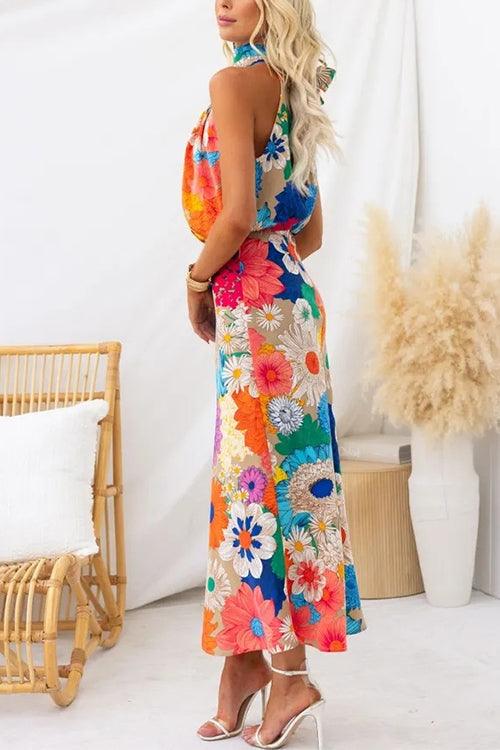 Sleeveless Maxi Dress with Tie Neck, Floral Pattern, and Cinched Waist