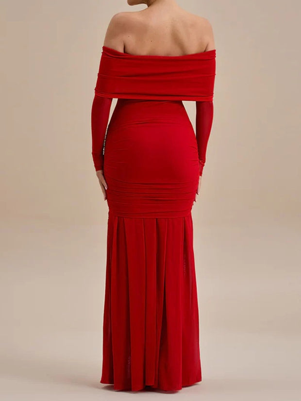 Long Sleeve Pleated Dress in Solid Color, Elegant and Stylish