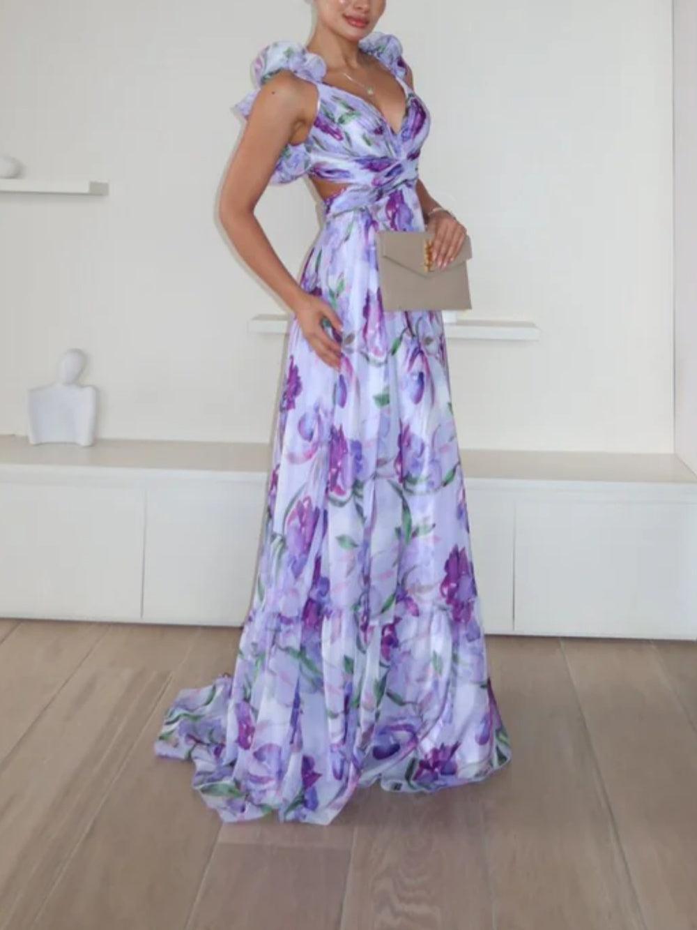 Printed Maxi Dress without a Deep Neckline for an Elegantly Casual Look
