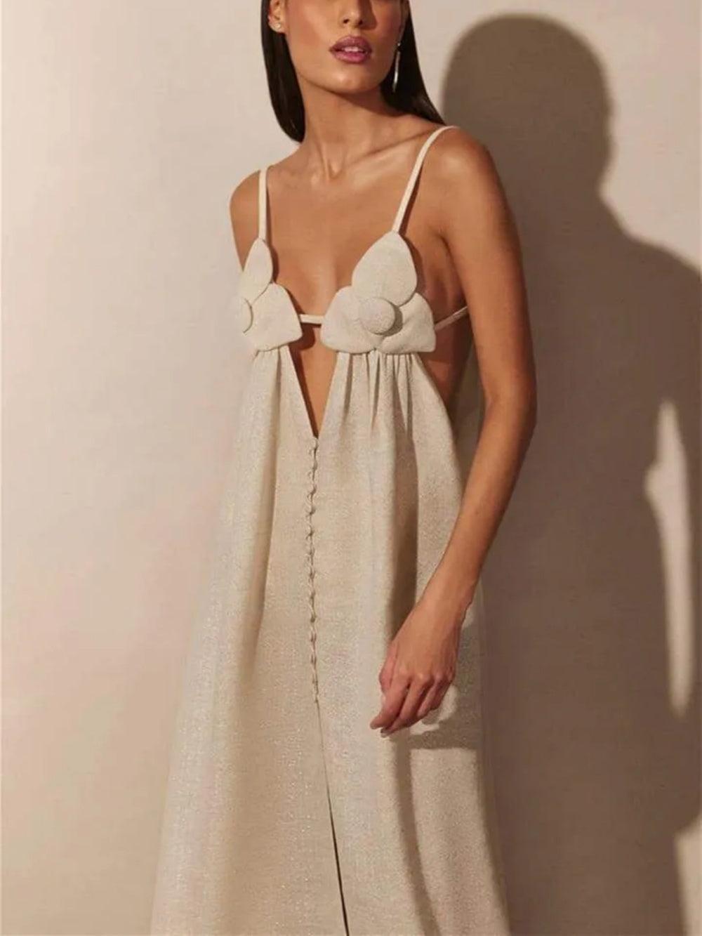 Elegant Celeste V-Neck Flower Design Maxi Dress with High Slit