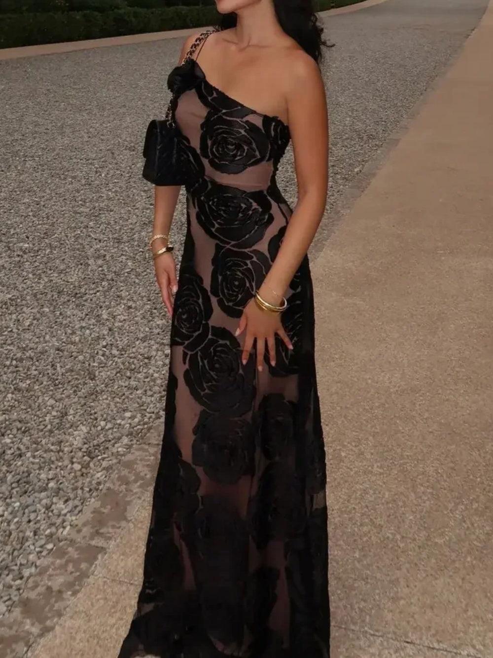 Fitted mesh dress with elegant black rose design