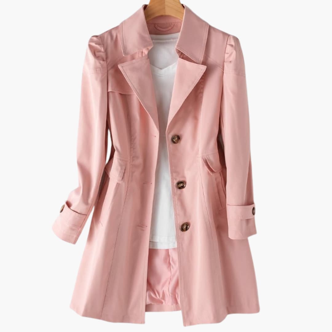Elegant women's trench coat with a double-button closure and an adjustable waist