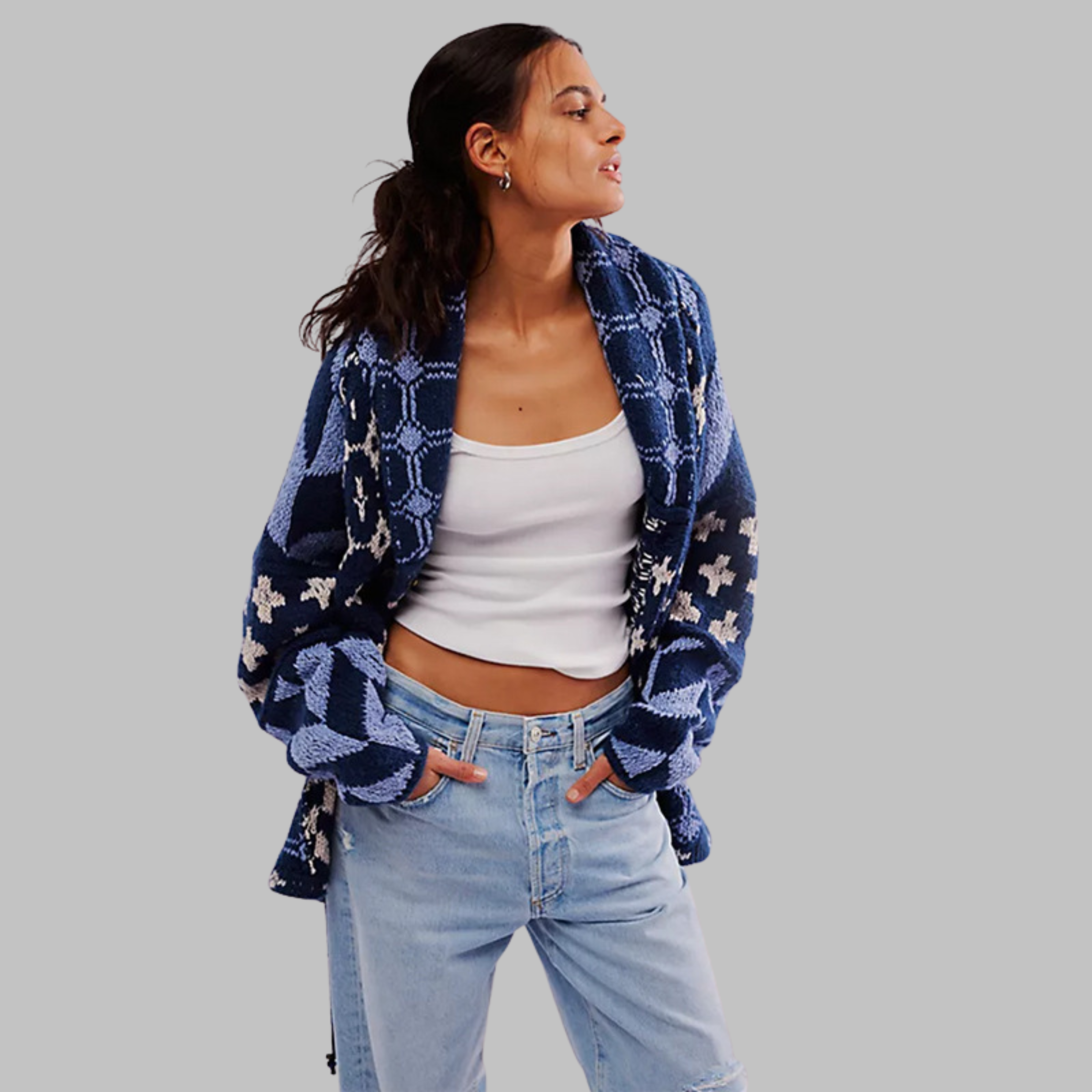 Vintage Button-Down Collar Cardigan - Long-Sleeve, Oversized