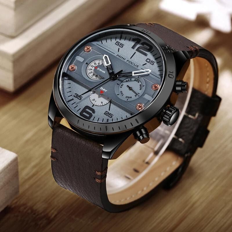 Luxury Leather Sport Chronograph Watch with Quartz Movement