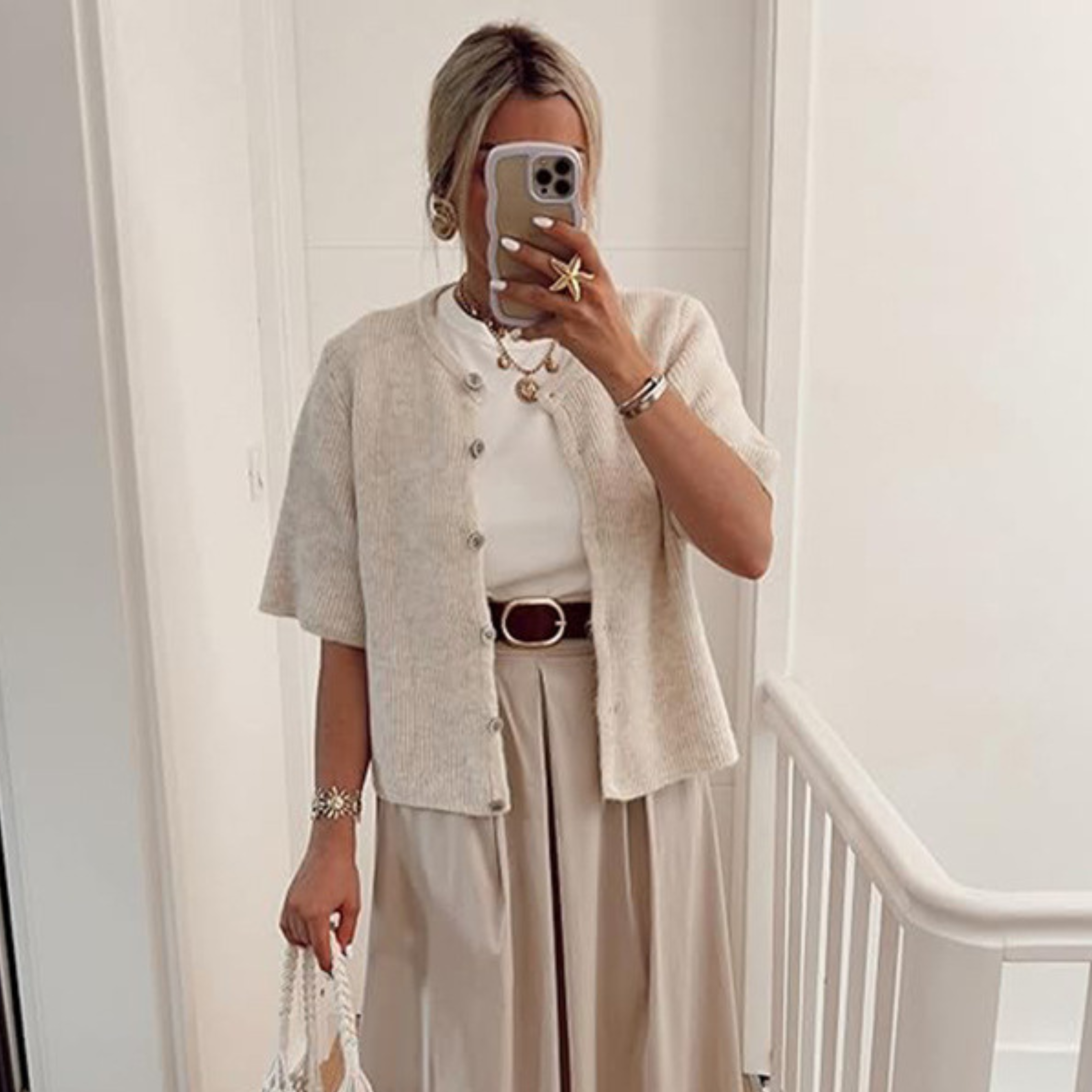 Lightweight Short-Sleeve Cardigan with Button-Down Front