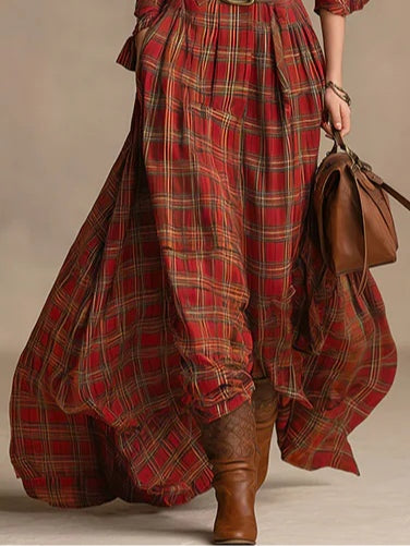 Long plaid shirt maxi dress with long sleeves and buttons, includes belt