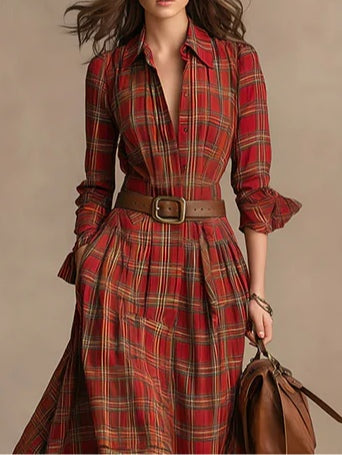 Long plaid shirt maxi dress with long sleeves and buttons, includes belt
