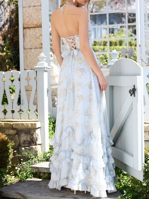 Long Maxi Dress with Floral Print, Faux Pearls, and Ruffle Details