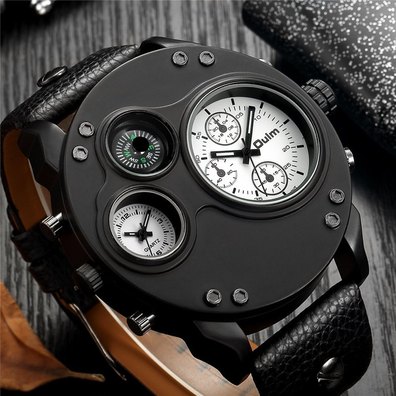 Black leather chronograph watch with dual time zones
