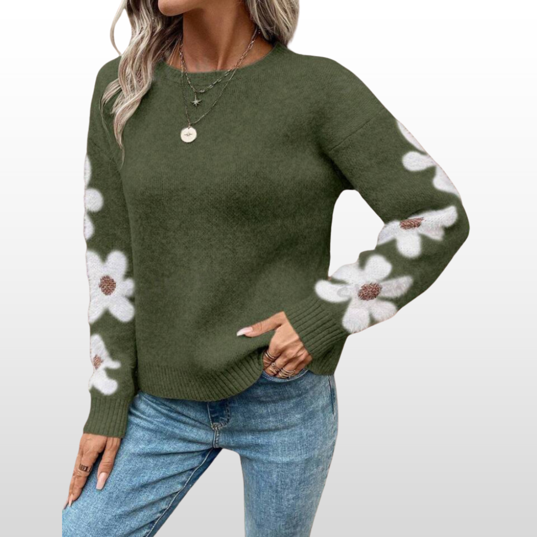 Round-Neck Floral Pattern Sweater for Fall/Winter – Cozy & Stylish