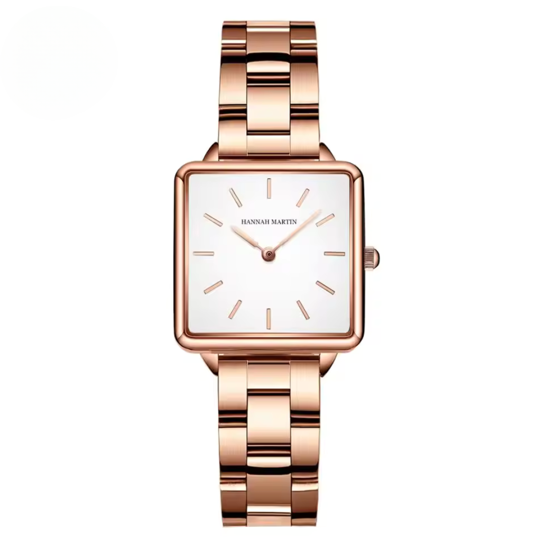Square Quartz Watch in Stainless Steel with Elegant Rose Gold Case
