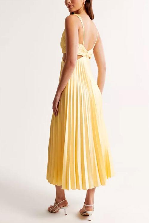Maxi dress with V-neckline, cut-out waist, and sleeveless pleated design