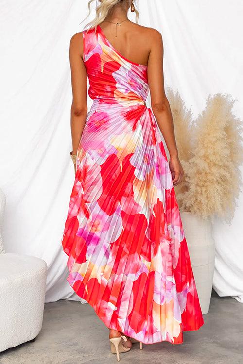 Asymmetrical sleeveless printed and pleated long dress for a unique style