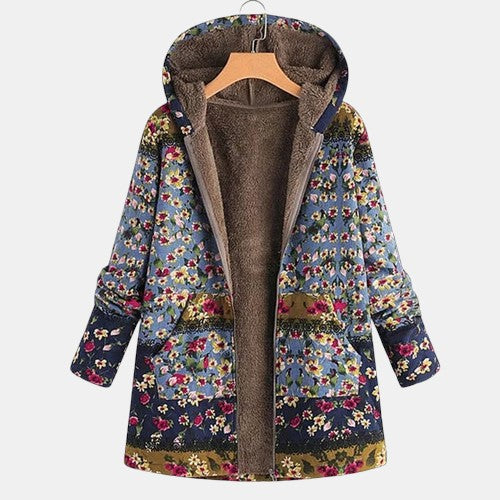 Clarisse Boho Floral Sherpa Hooded Coat — Cozy, Stylish Outerwear