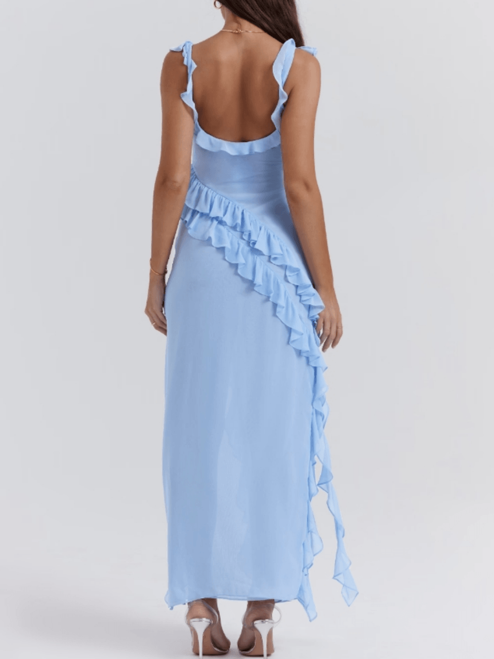 Long flowing blue dress with ruffles for a stylish and comfortable look