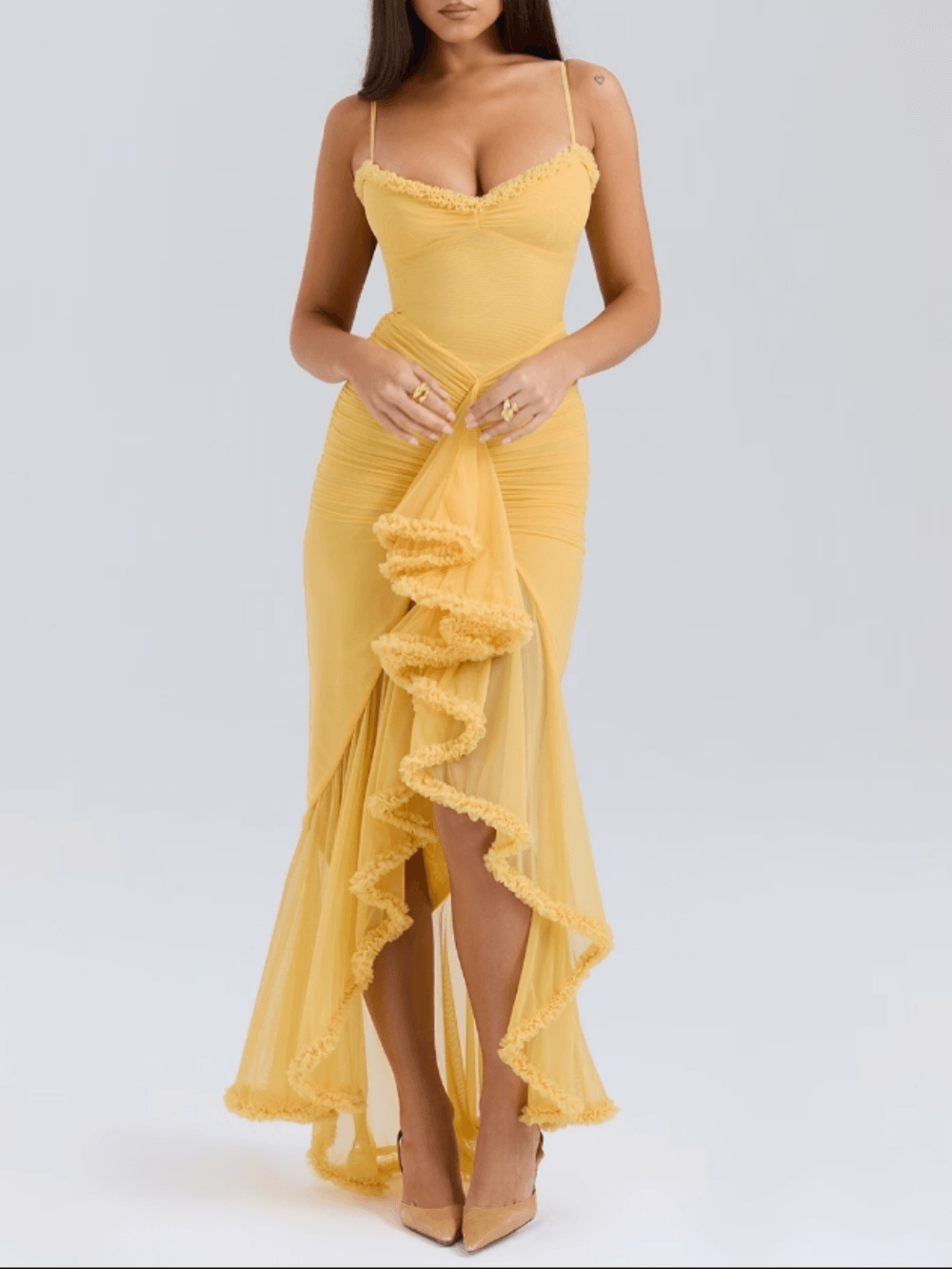 Elegant dress with pleated detail in apricot with frill finish in the front
