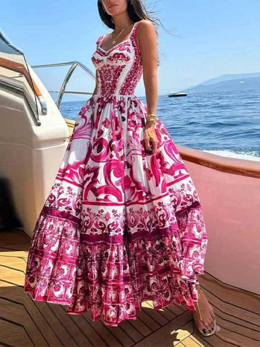 Elegant Printed Pleated Maxi Spaghetti Strap Dress