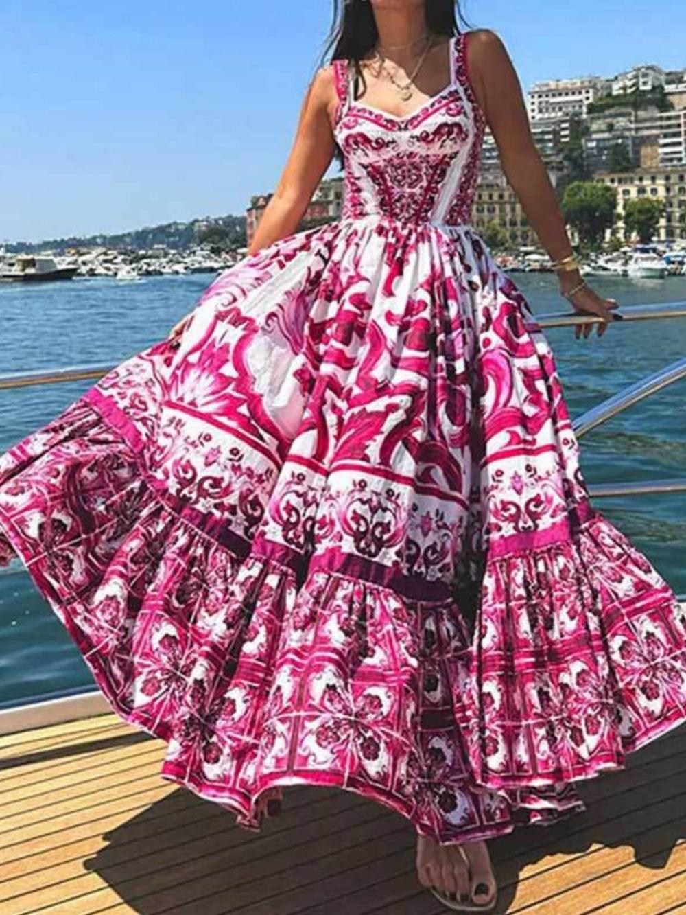 Elegant Printed Pleated Maxi Spaghetti Strap Dress