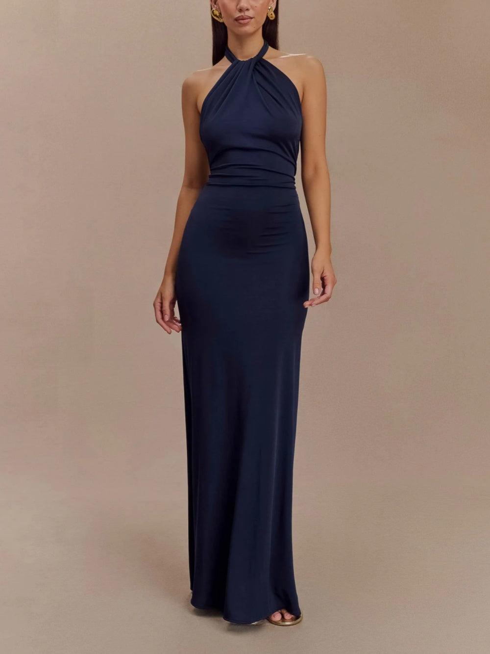 Elegant Navy Slinky Halter Maxi Dress for a Stunning Look