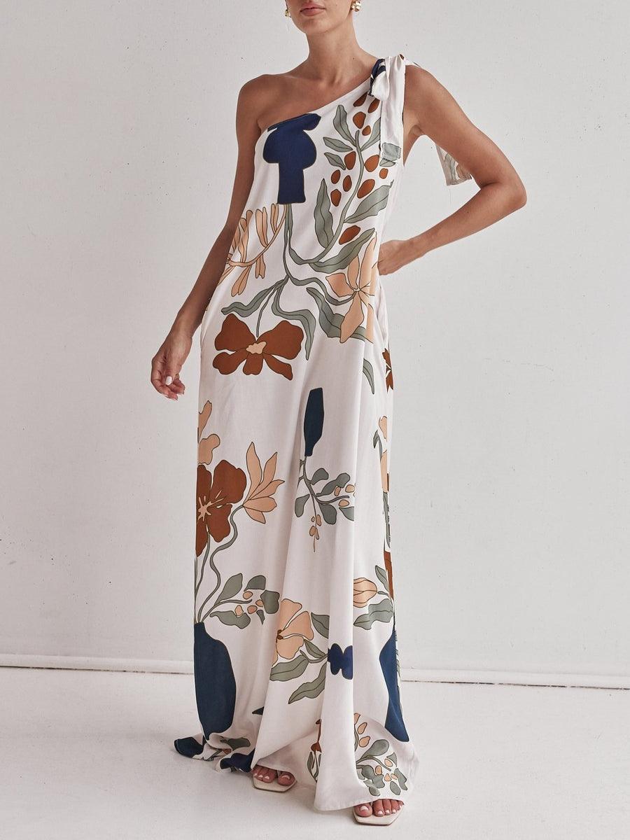 Elegant one-shoulder maxi dress with printed design