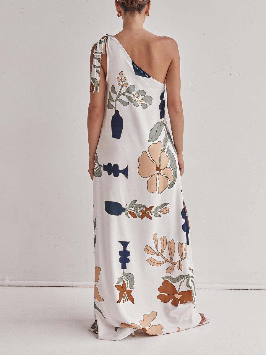 Elegant one-shoulder maxi dress with printed design