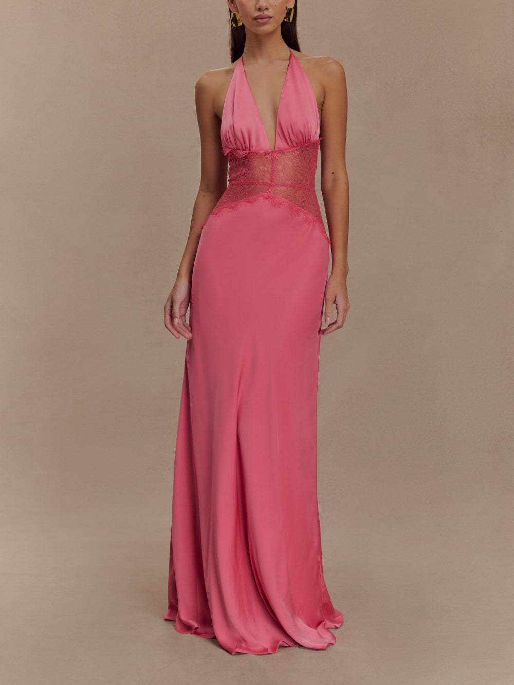Elegant Deep V Silk Satin Maxi Dress with Stylish Halter Neck