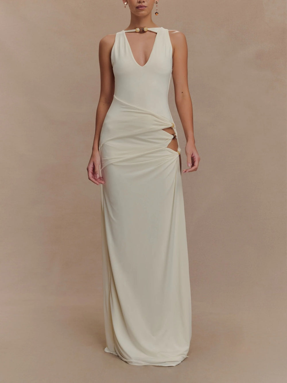 Elegant Slinky Beaded Maxi Dress in Ivory - Perfect for Special Occasions