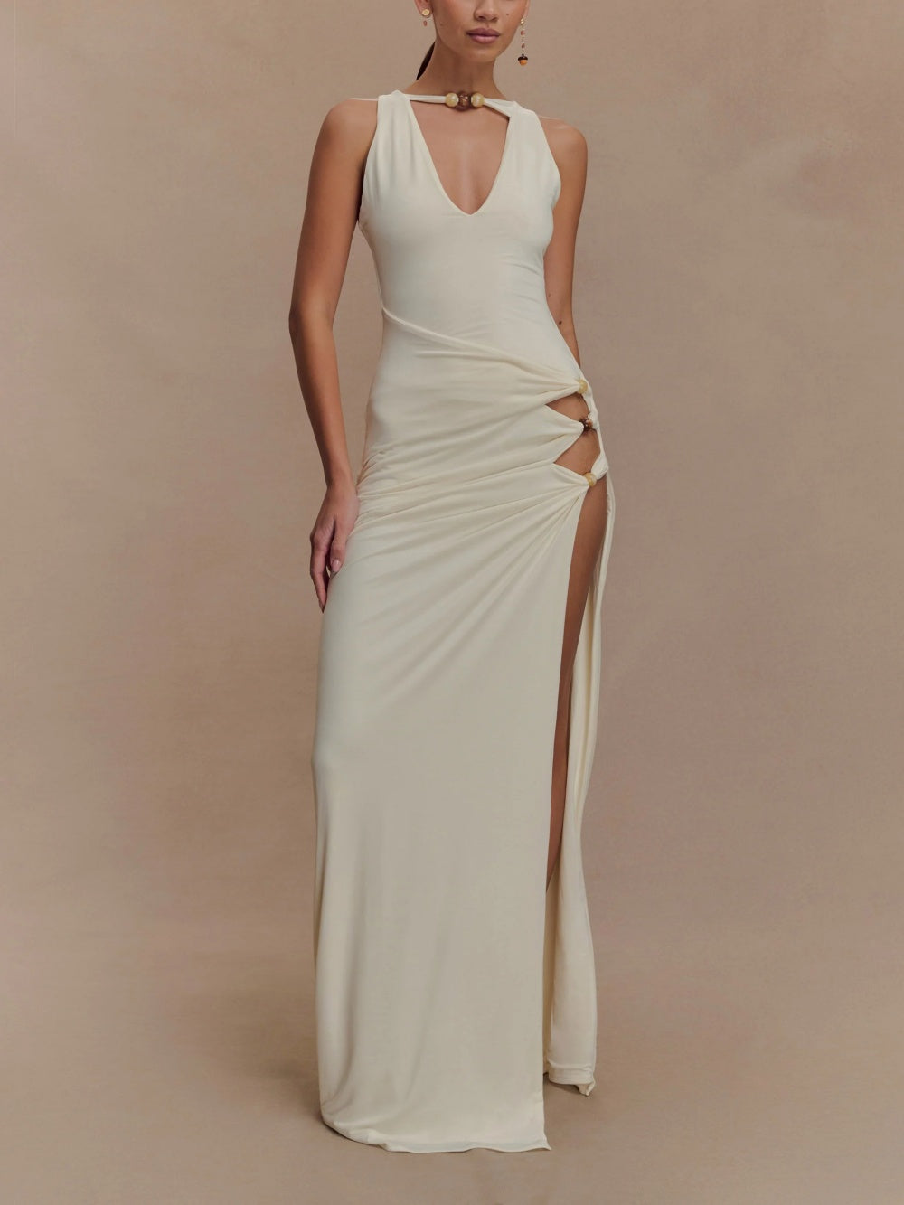 Elegant Slinky Beaded Maxi Dress in Ivory - Perfect for Special Occasions